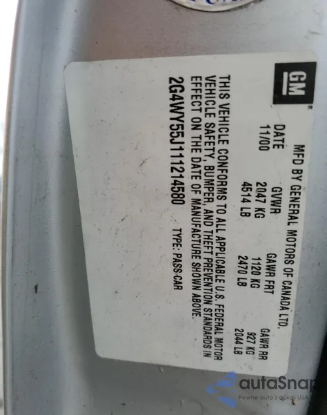 2001 Buick Century Limited z USA, uszkodzony, nr VIN 2G4WY55J111214580